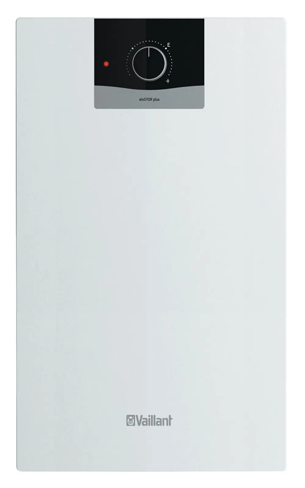 Weißer Vaillant-Wasserspeicher mit einer Steuerungseinheit oben, versehen mit einem Einstellregler und einer Betriebsanzeige in roter LED.